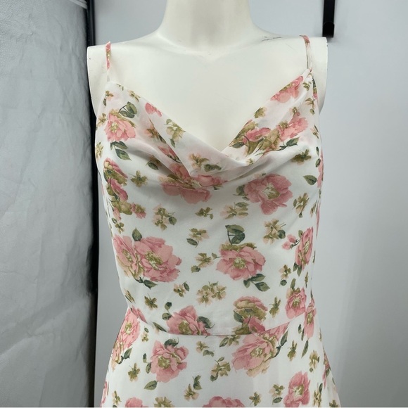 LPA white pink Floral Maxi long Dress Sz S spaghetti strap draped neckline - Picture 2 of 14